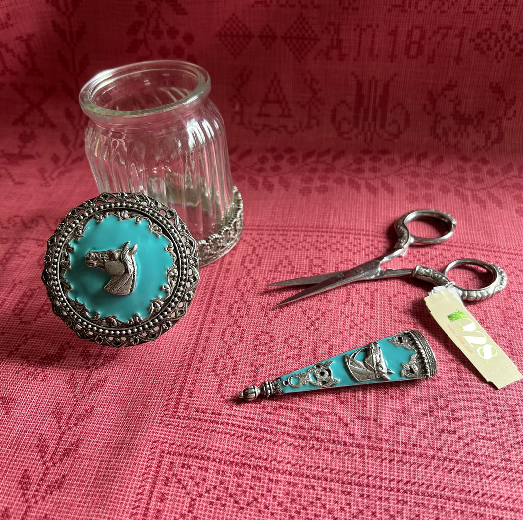 1928 Jewelry Company Equestrian Button Jar or Embroidery Scissors (Choose)