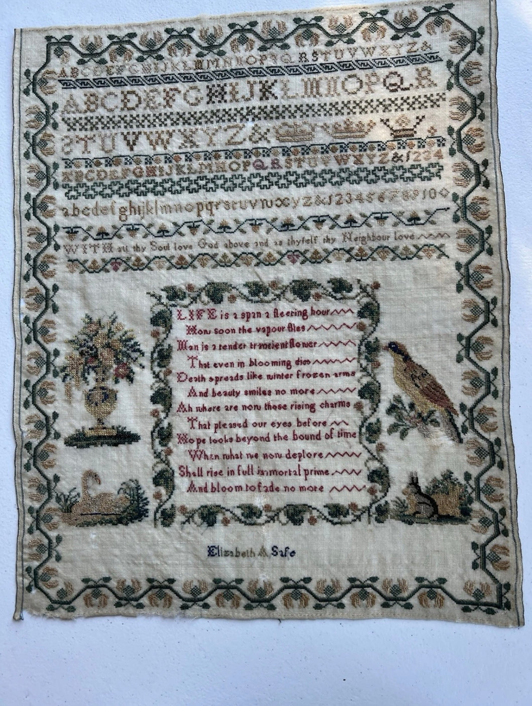 Antique English Needlework Sampler Elisabeth A Safe c 1840