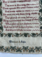 Load image into Gallery viewer, Antique English Needlework Sampler Elisabeth A Safe c 1840